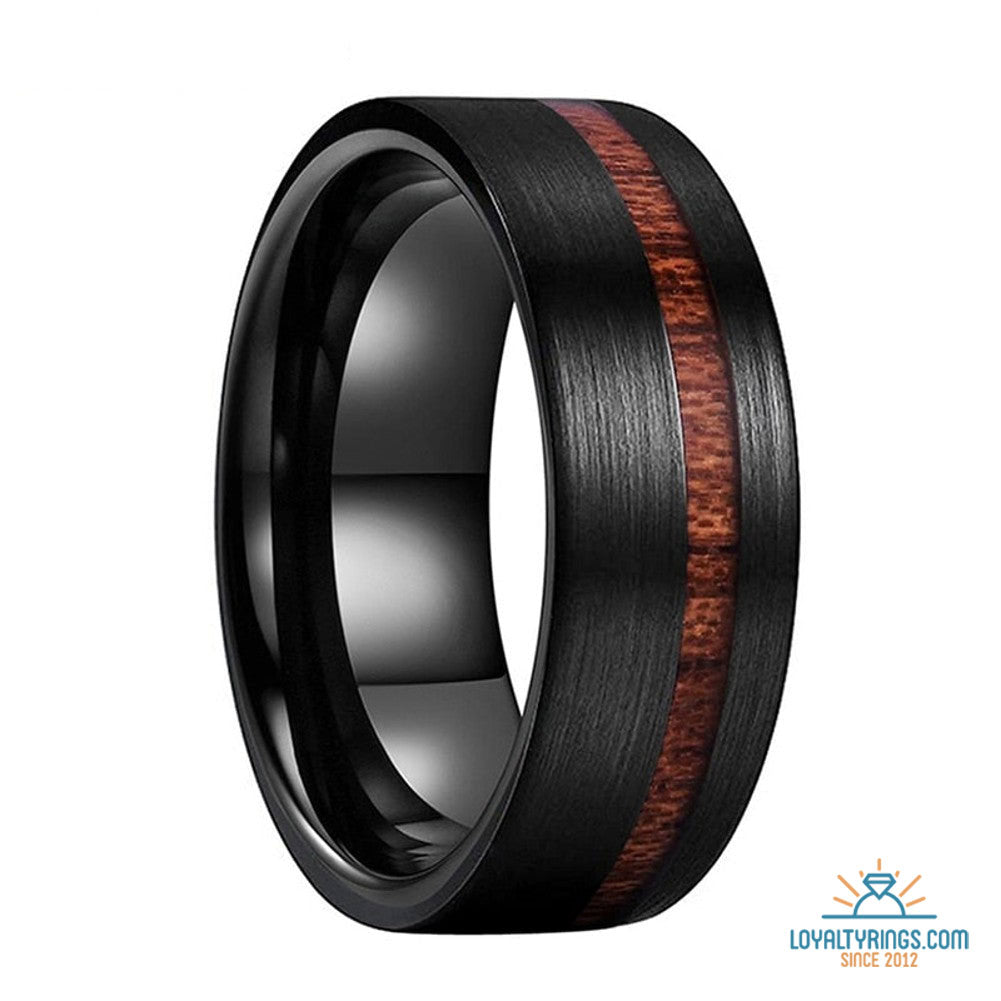 Black Polished Squared Tungsten Carbide Ring with Brushed Offset and Koa Wood Inlay | 8mm