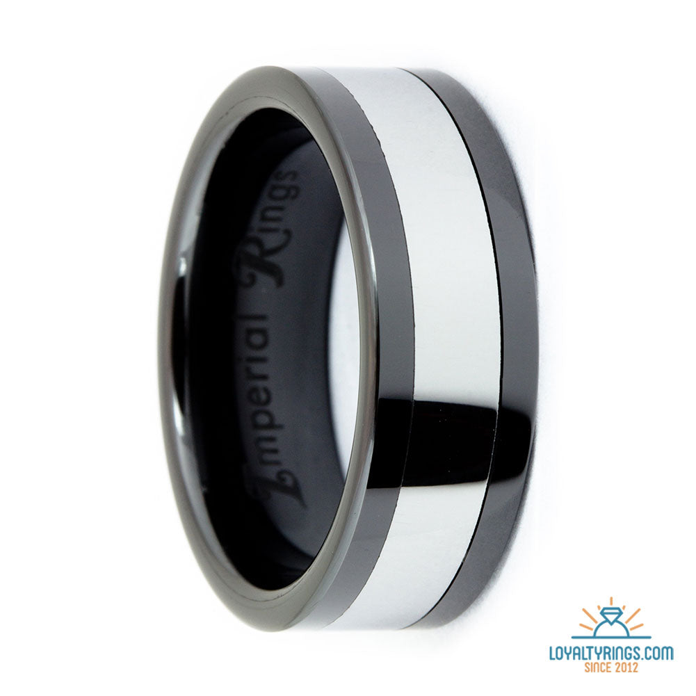 Black Polished Squared Tungsten Carbide Ring with Silver Tungsten Inlay | 8mm