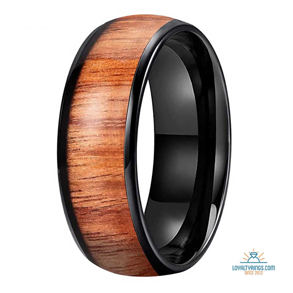 Black Domed Ceramic Ring with Koa Wood Inlay | 8mm