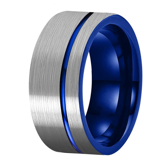 Blue and Graphite Brushed Flat Tungsten Carbide Ring with Offset Grooved Inlay | 10mm