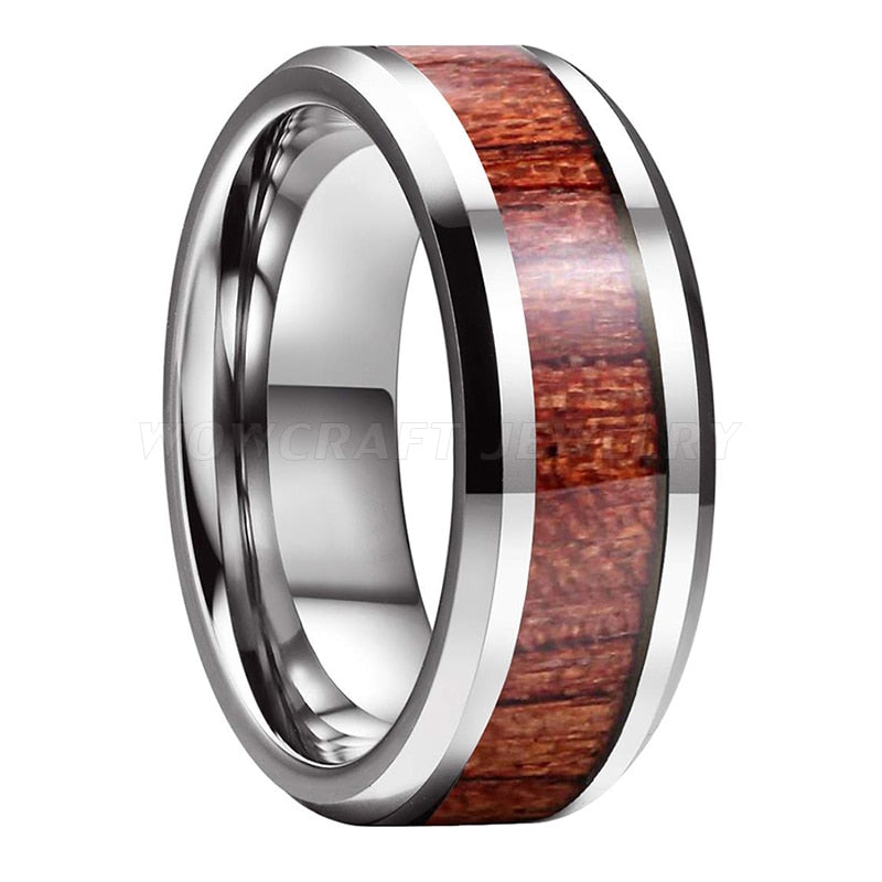 Silver Polished Beveled Tungsten Carbide Ring with Koa Wood Inlay | 6mm