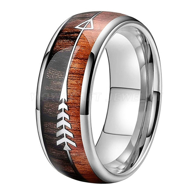 Silver Tungsten Carbide and Koa Wood Ring with Arrow Inlay | 8mm