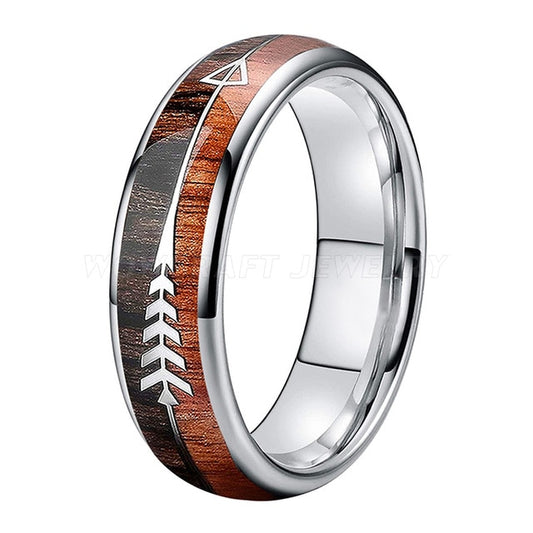 Silver Tungsten Carbide and Koa Wood Ring with Arrow Inlay | 6mm