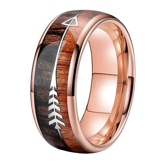 Rose Gold Tungsten Carbide and Koa Wood Ring with Arrow Inlay | 8mm
