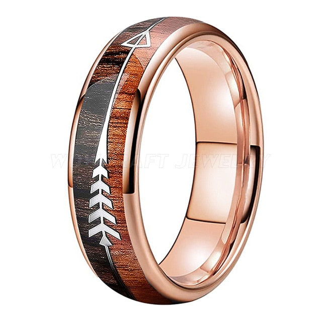 Rose Gold Tungsten Carbide and Koa Wood Ring with Arrow Inlay | 6mm