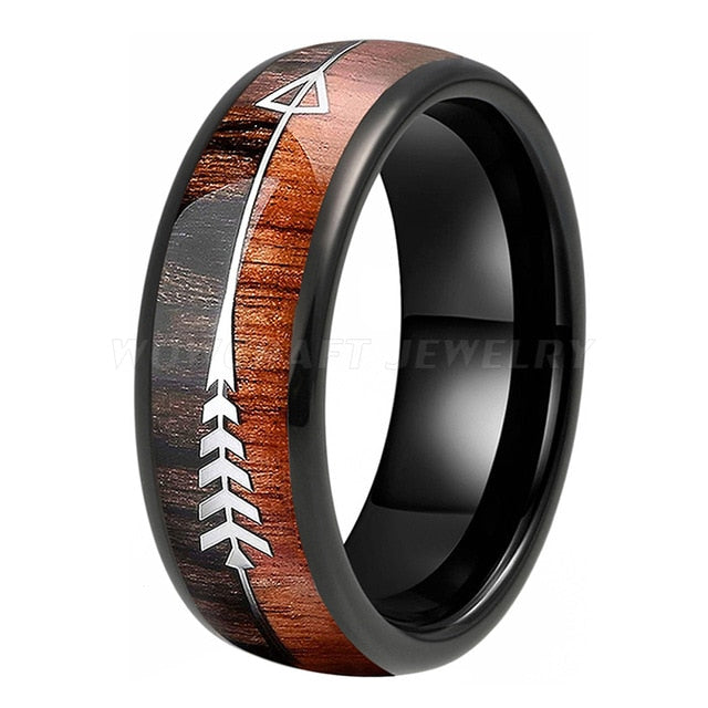 Black Tungsten Carbide and Koa Wood Ring with Arrow Inlay | 8mm