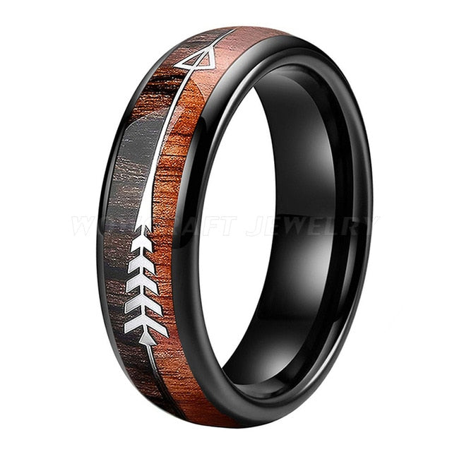 Black Tungsten Carbide and Koa Wood Ring with Arrow Inlay | 6mm