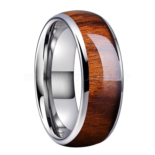 Silver Domed Tungsten Carbide Ring with Koa Wood Inlay | 8mm
