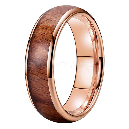 Rose Gold Polished Domed Tungsten Carbide Ring with Koa Wood Inlay | 6mm