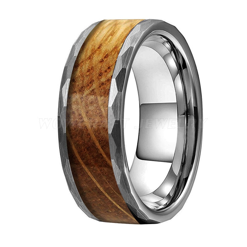 Silver Hammered Tungsten Carbide Ring with Whiskey Barrel Wood Inlay | 8mm