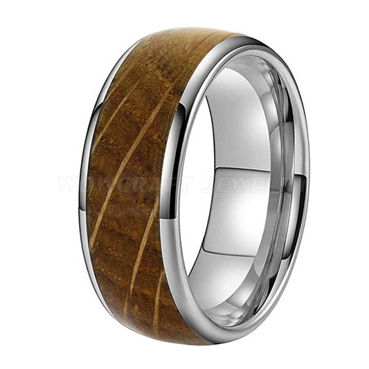 Silver Polished Domed Tungsten Carbide Ring with Whiskey Barrel Inlay | 8mm