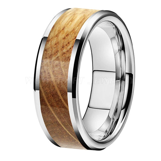 Silver Polished Beveled Tungsten Carbide Ring with Whiskey Barrel Inlay | 8mm