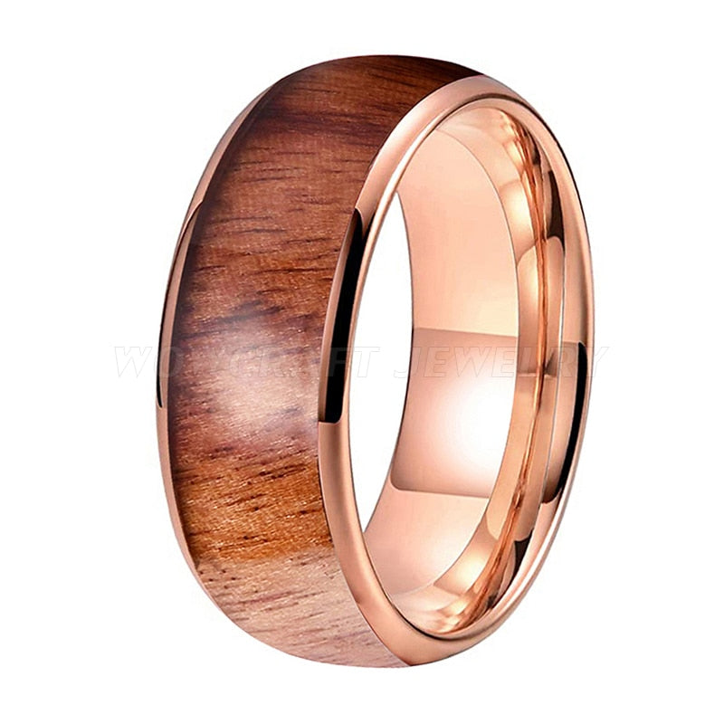 Rose Gold Polished Domed Tungsten Carbide Ring with Koa Wood Inlay | 8mm