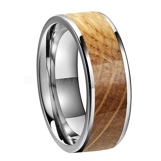Silver Polished Flat Tungsten Carbide Ring with Whiskey Barrel Inlay | 8mm