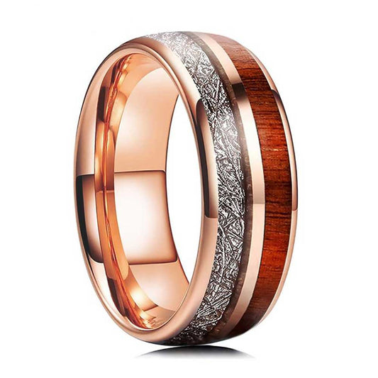 Rose Gold Tungsten Carbide with Meteorite and Koa Wood Inlay | 8mm