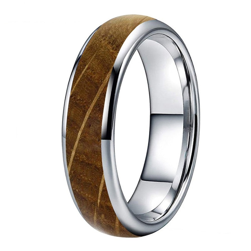 Silver Domed Tungsten Carbide Ring with Whiskey Barrel Wood Inlay | 6mm