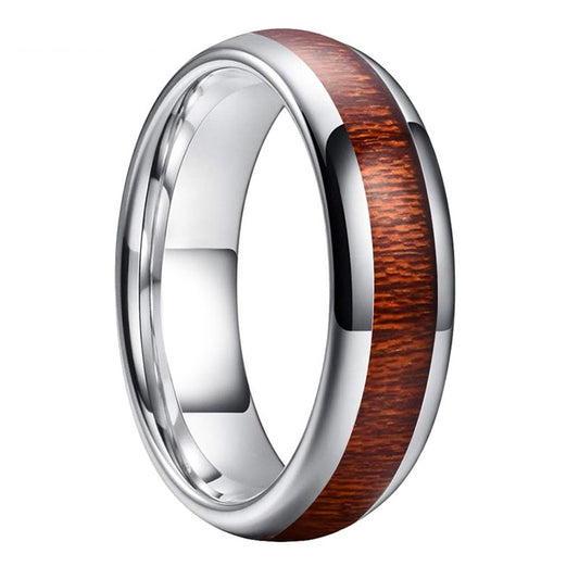 Silver Polished Domed Tungsten Carbide Ring with Koa Wood Inlay | 6mm