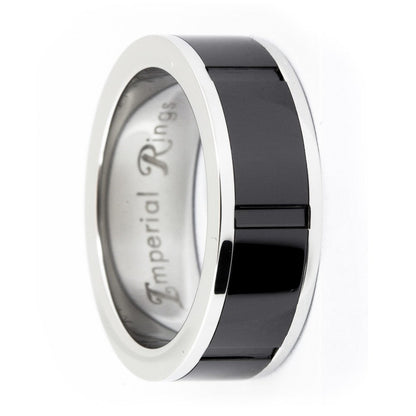 Polished silver-tone stainless steel ring with a black ceramic center divided by cross-grooves, 8mm wide, shown at an angle