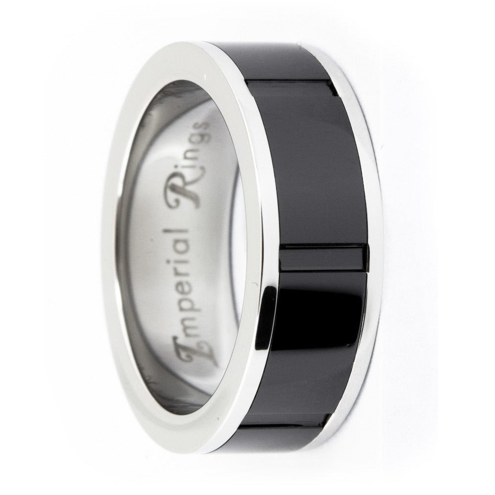 Silver Polished Stainless Steel with Black Grooved Ceramic Inlay | 8mm