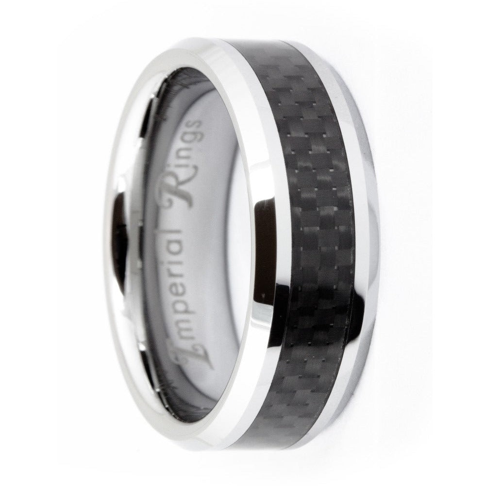 Silver-tone tungsten carbide ring with polished beveled edges surrounding a black woven carbon fiber inlay, 8mm wide