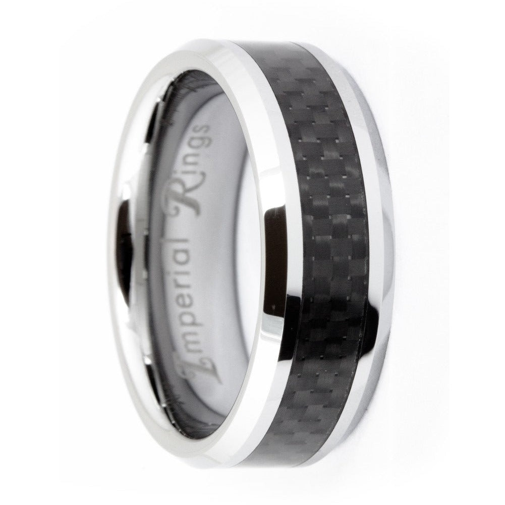 Silver Polished Tungsten Carbide Ring with Black Carbon Fiber Inlay | 8mm