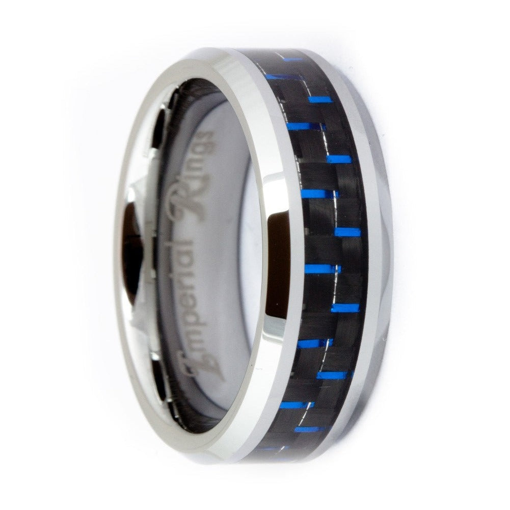 Silver Polished Tungsten Carbide Ring with Blue Carbon Fiber Inlay | 8mm