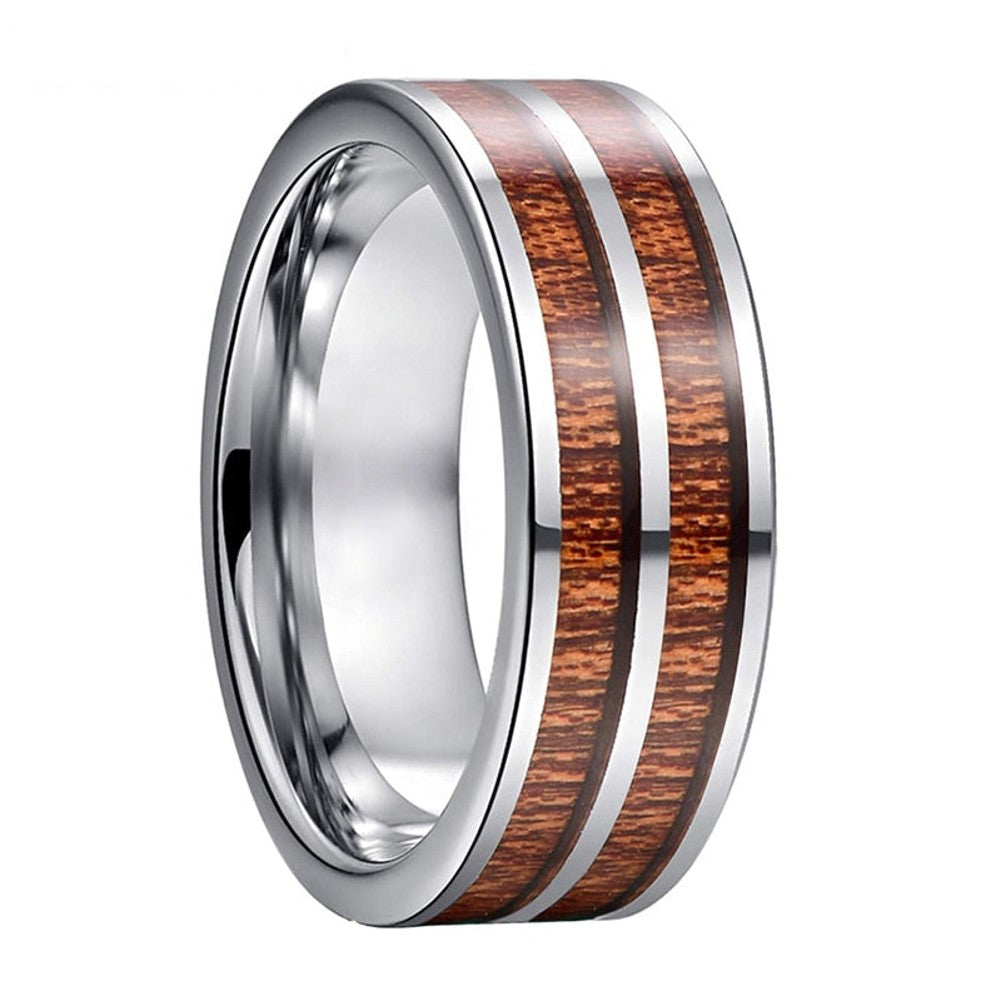 Silver Polished Tungsten Carbide Ring with Koa Wood & Tungsten Carbide Inlay | 8mm