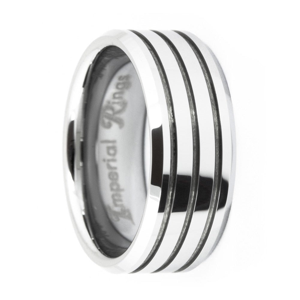 Silver Polished Tungsten Carbide Ring with Three Grooved Inlays | 9mm