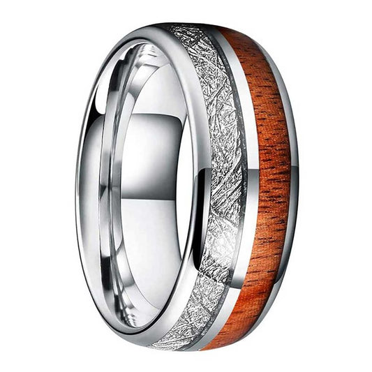 Silver Tungsten Carbide Ring with Meteorite and Koa Wood Inlay | 8mm