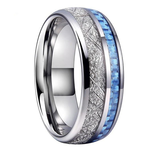 Silver Tungsten Carbide with Blue Carbon Fiber and Meteorite Inlay | 7mm