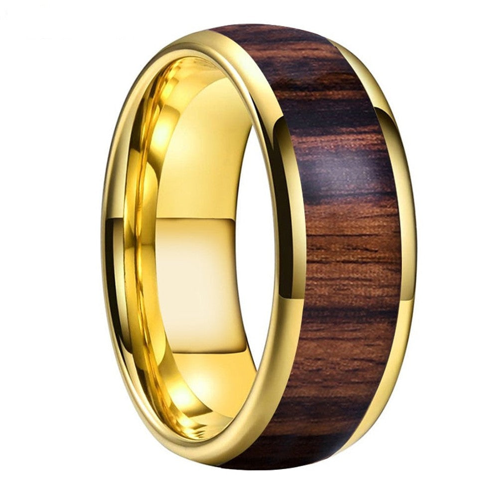 Yellow Gold Polished Tungsten Carbide Ring with Koa Wood Inlay | 8mm