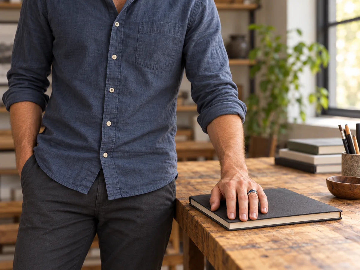 Man wearing a blue carbon fiber inlay ring with his left hand resting on a sketchbook.