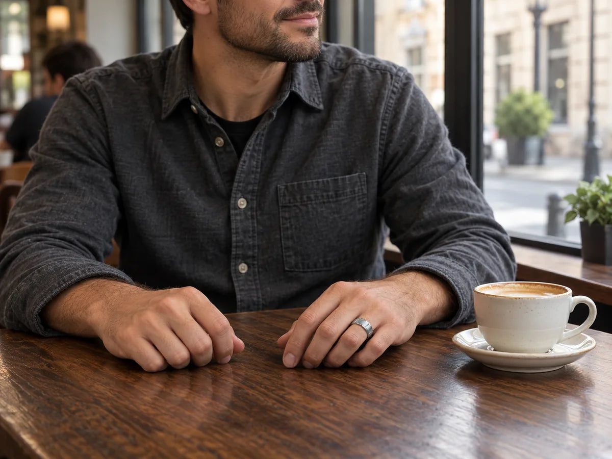 Man wearing a silver Belvedere tungsten ring at a cafe.